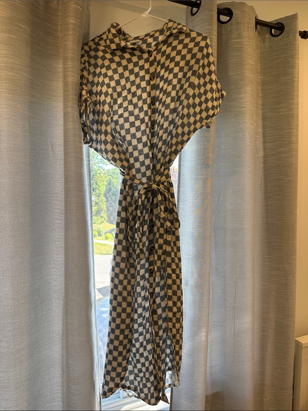 Checkered Button-Front Tie-Waist Women’s Dress - Black & White